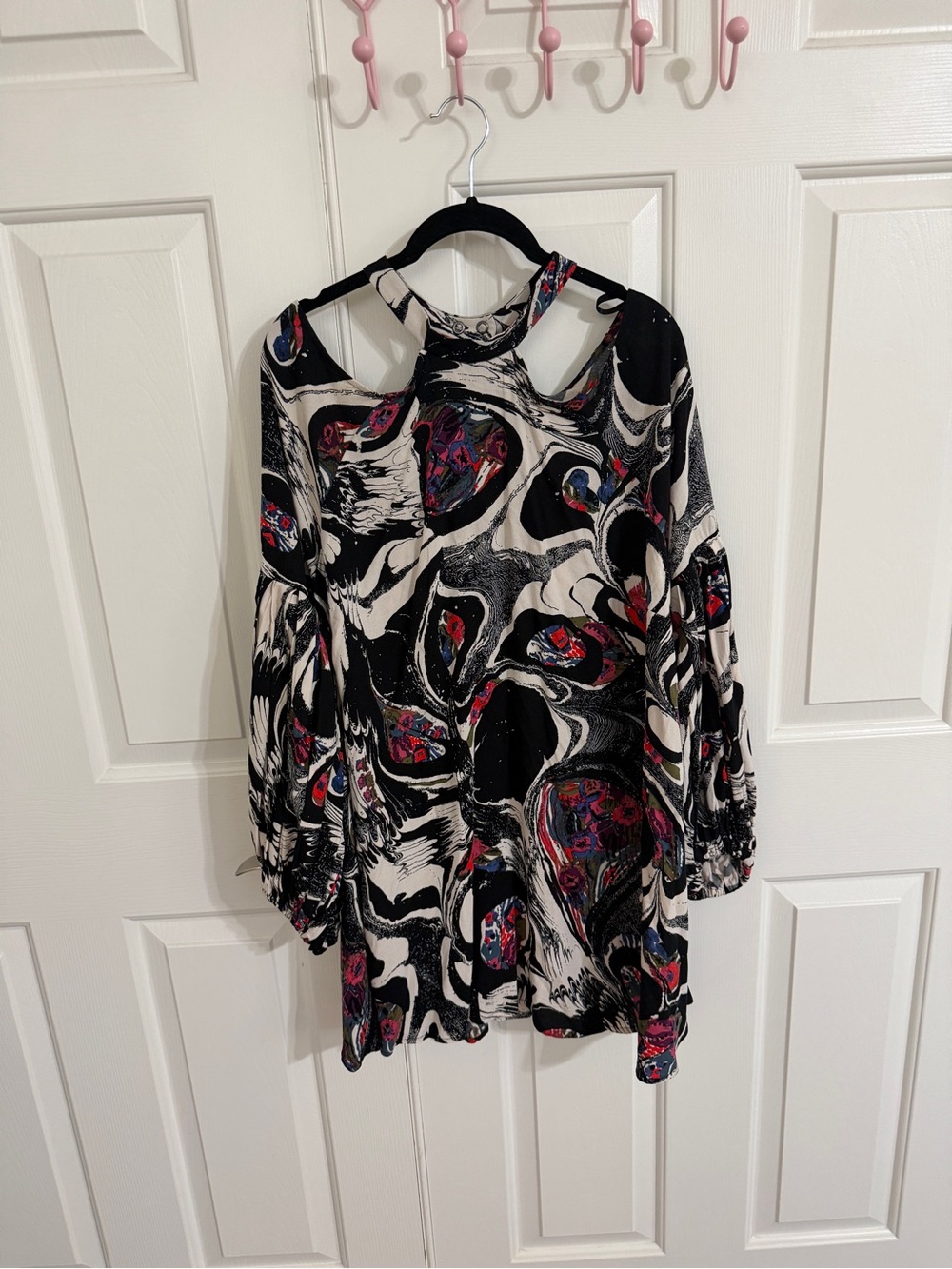 Free People L Abstract Floral Cutout Split Bell Sleeve Mini Dress Boho
